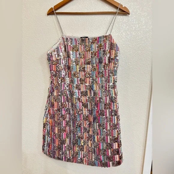 Nasty Gal Multi Color Sequin Checkerboard Mini Dress Sparkly Festival Party Sz10 - Picture 3 of 9